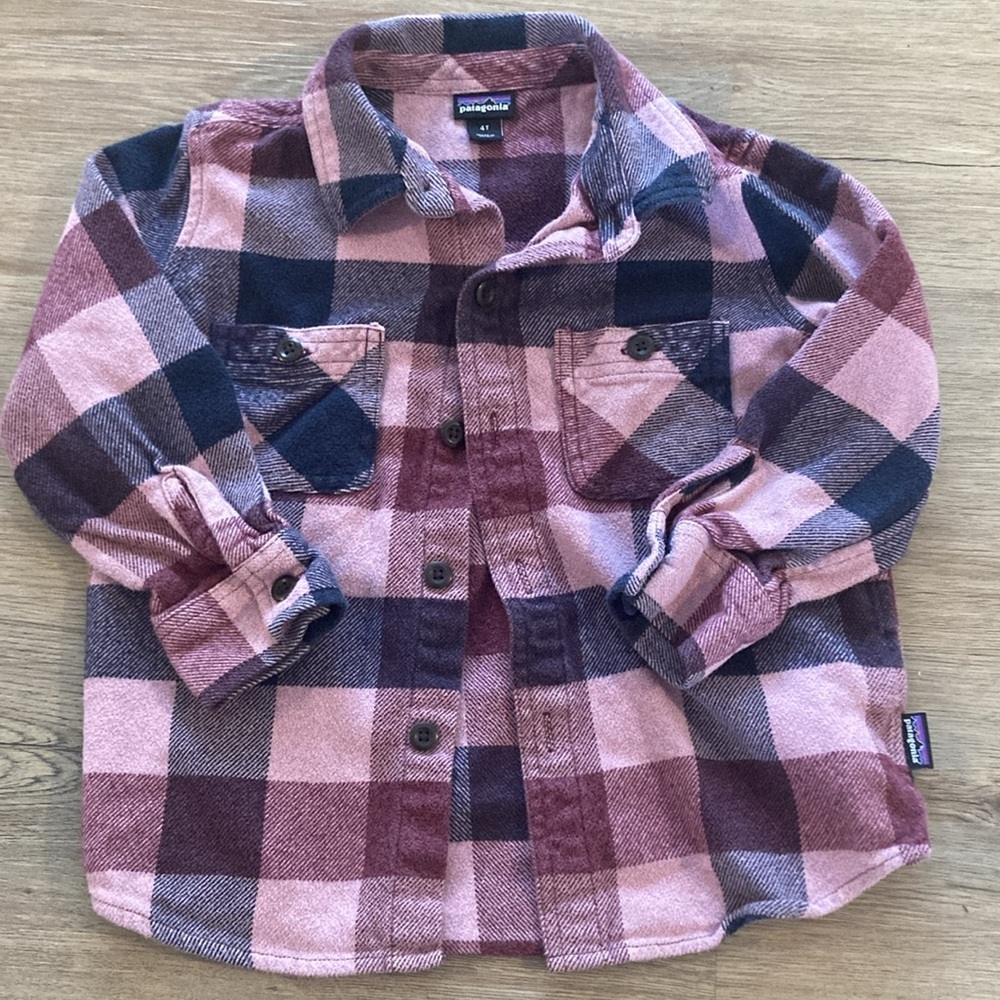 Patagonia 4T Unisex Purple Plaid Fjord Button Down Collared Flannel Long Sleeve